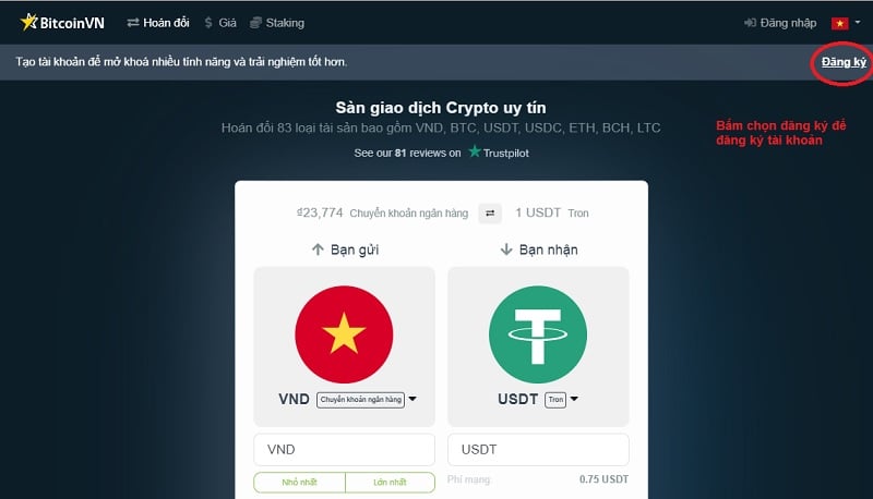 Đầu tiên bấm vào "đăng ký"