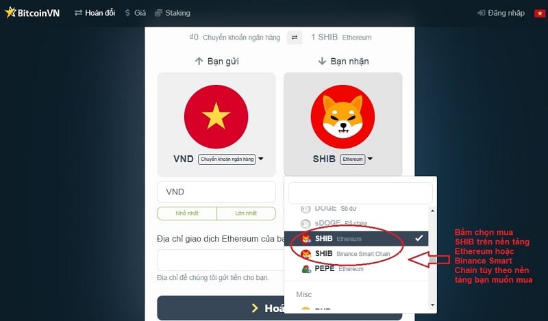 Tìm kiếm và chọn tiền điện tử SHIB
