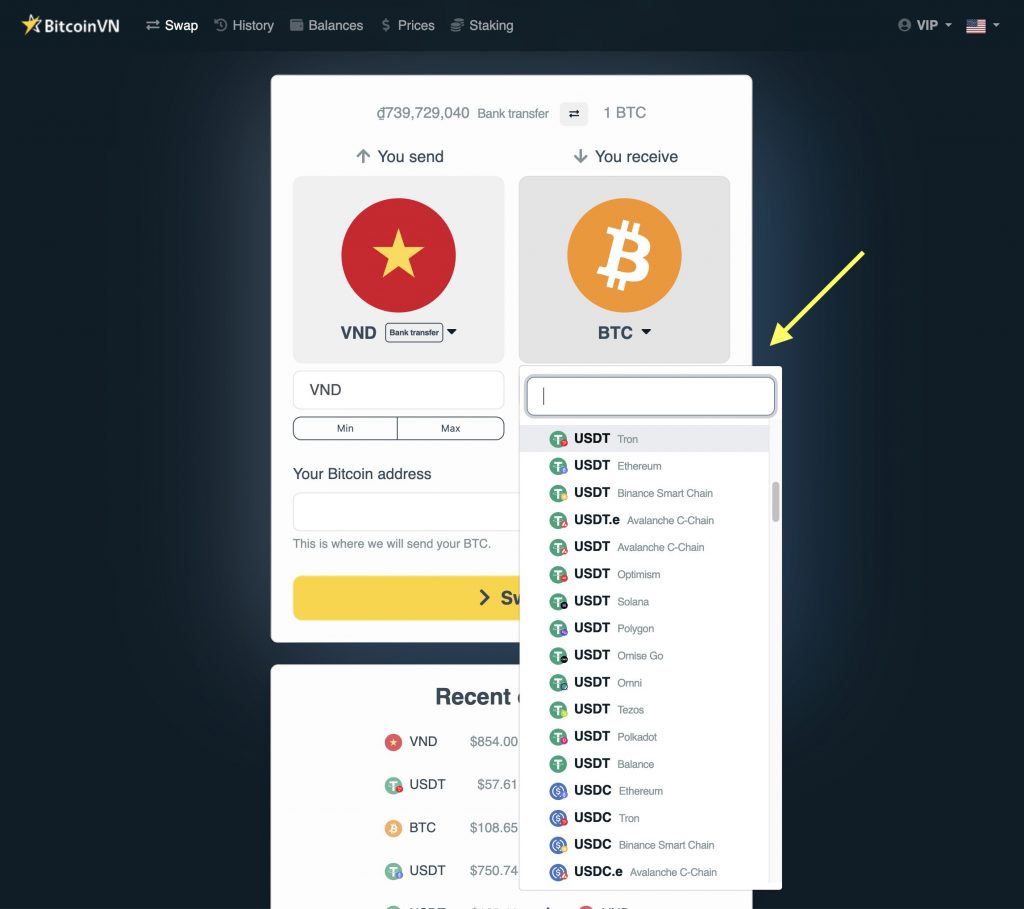BitcoinVN settle method selection