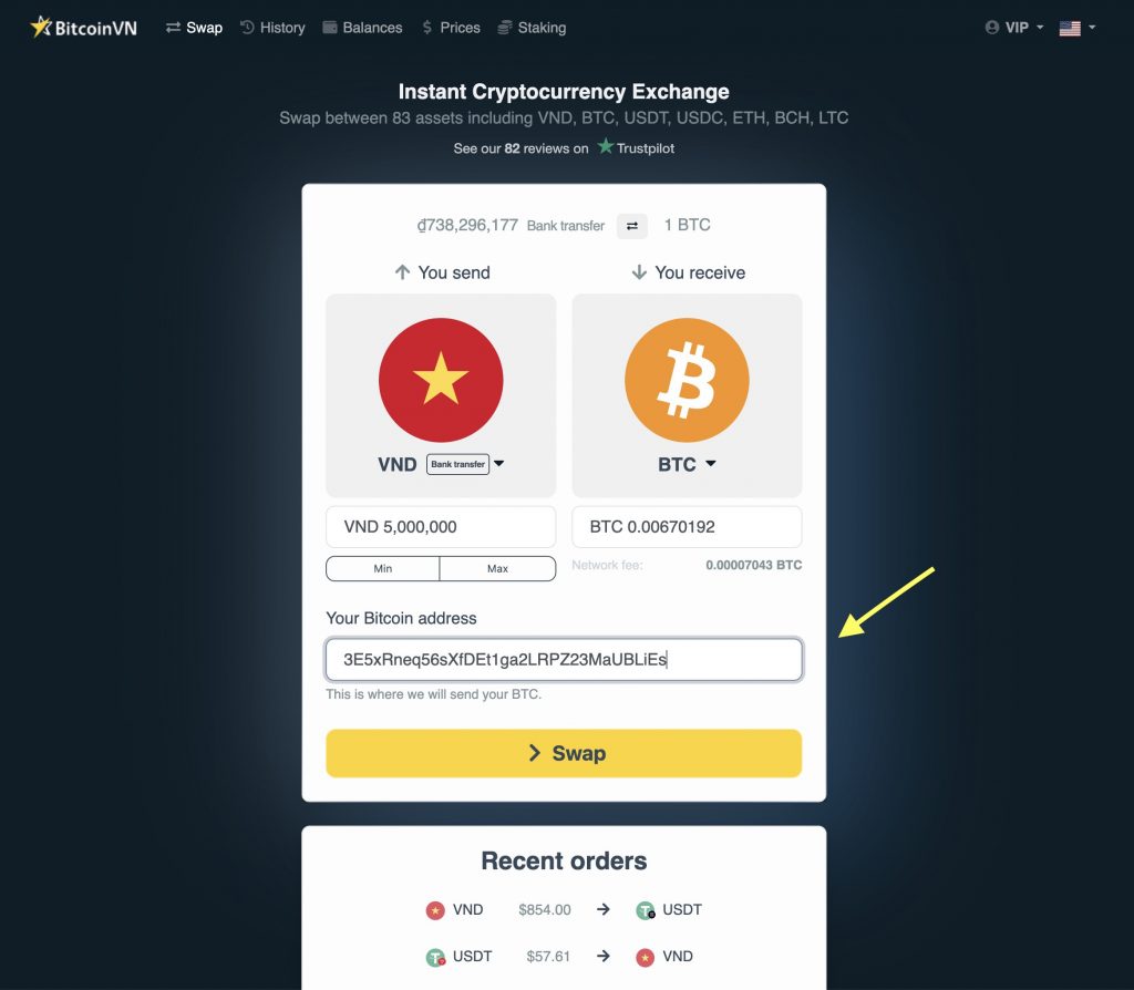 BitcoinVN Swap Form