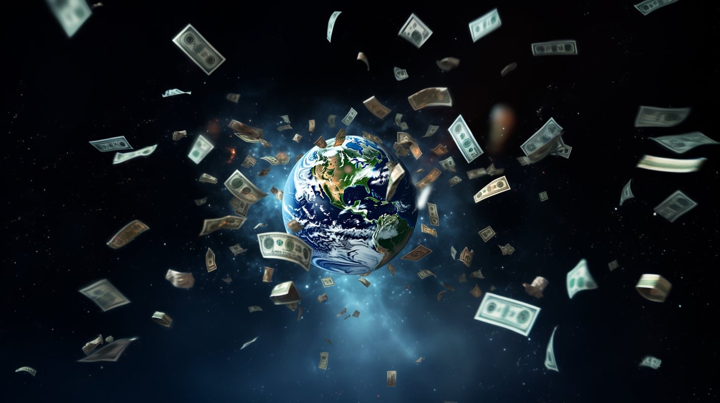 Dollar bills flying around the globe