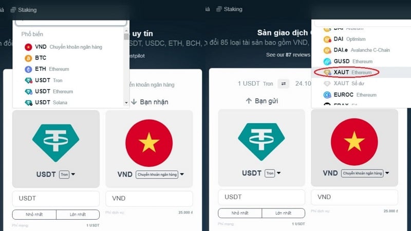 Bạn có thể chọn bất kỳ loại tiền tệ nào mà bạn có trong tài khoản để mua XAUT hoặc các loại tiền điện tử khác.