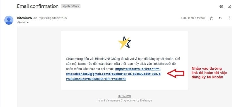 Sau đó bạn sẽ nhận được một email gồm link xác nhận tại khoản