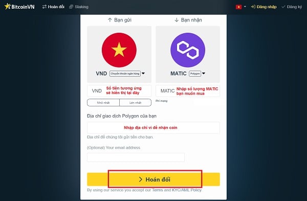 Bấm "hoán đổi" để mua MATIC