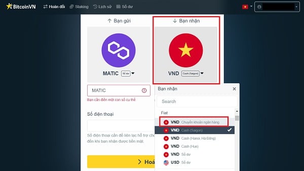 Chọn VND (chuyển khoản ngân hàng)