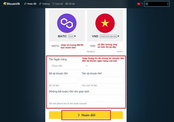 Điền thông tin và "hoán đổi" để bán