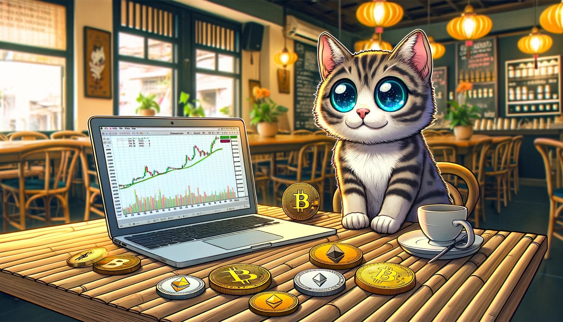Cat looking at Bitcoin price chart