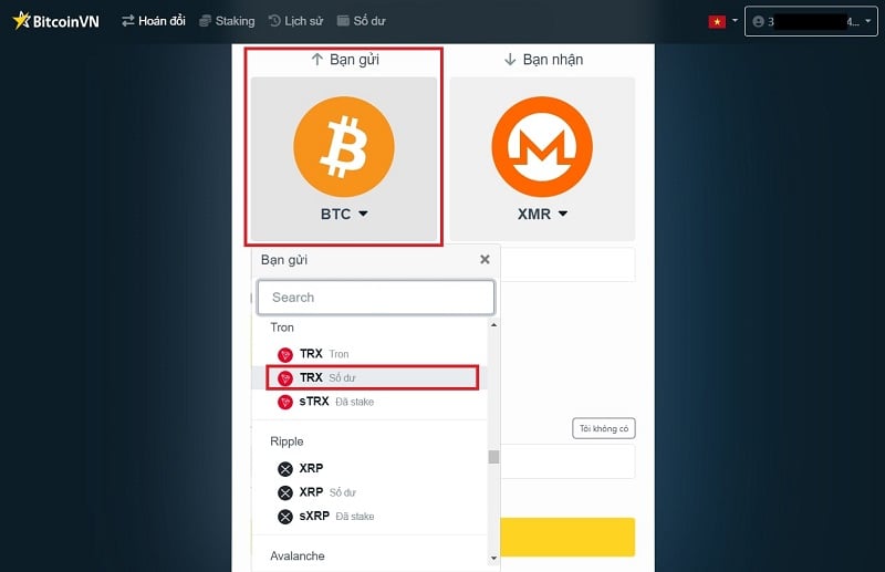 Chọn TRX số dư dưới mục bạn gửi