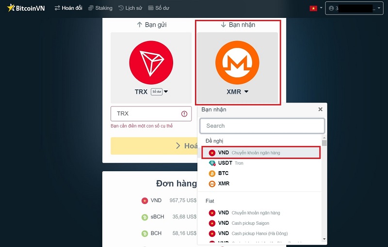 Chọn VND dưới mục bạn nhận