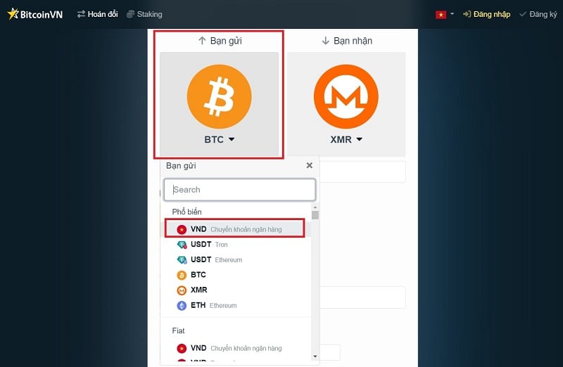Chọn VND ở mục bạn gửi