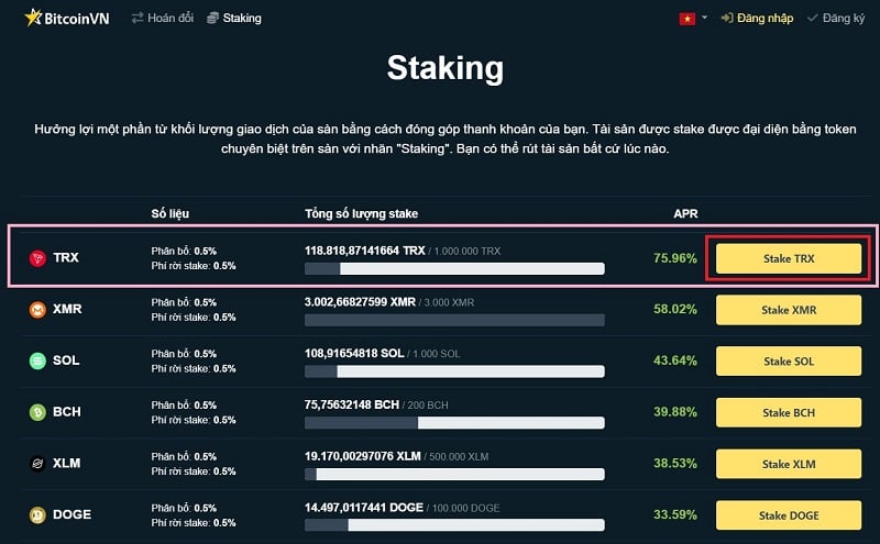 Nhấp vào “Stake TRX” để bắt đầu stake coin