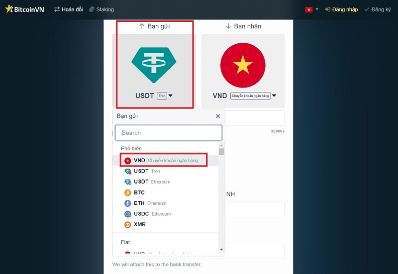 Chọn VND tại mục “bạn gửi”