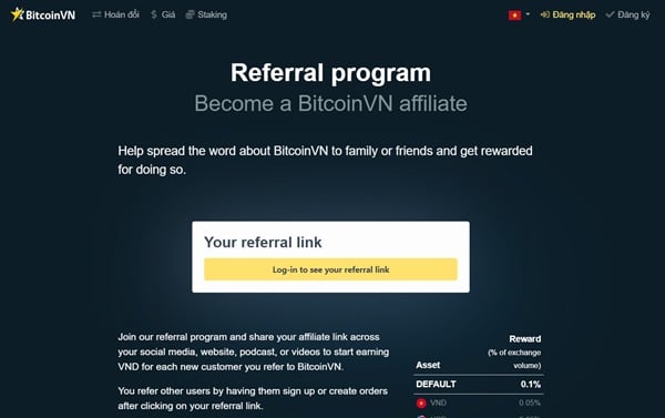 Giao diện tiếp thị liên kết của BitcoinVN