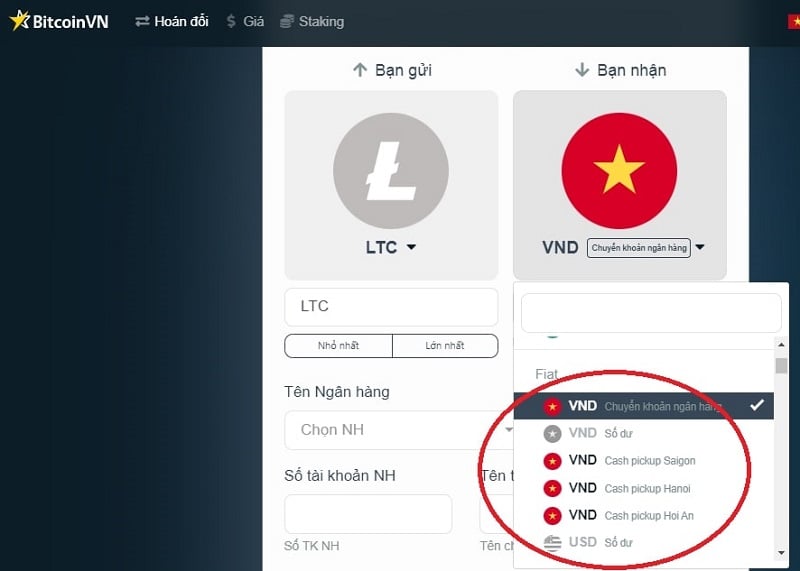 Bước 2: Bạn cũng có thể chọn nhận tiền mặt tại điểm giao dịch của BitcoinVN