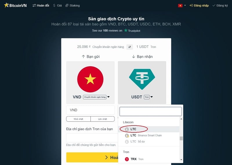 Chọn LTC để tiến hành mua Litecoin
