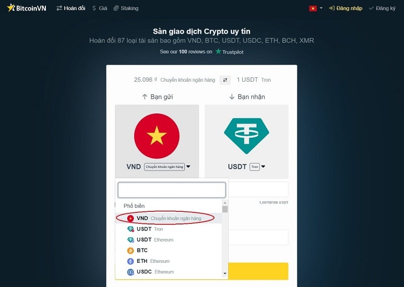 Bạn có thể chọn loại tiền điện tử khác thay vì VNĐ