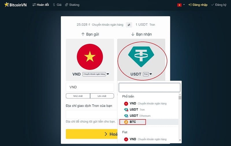 Chọn BTC để tiến hành mua Bitcoin