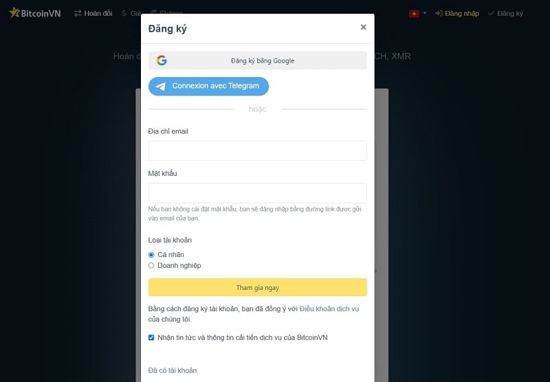 Tạo tài khoản BitcoinVN để giao dịch với số lượng lớn hơn
