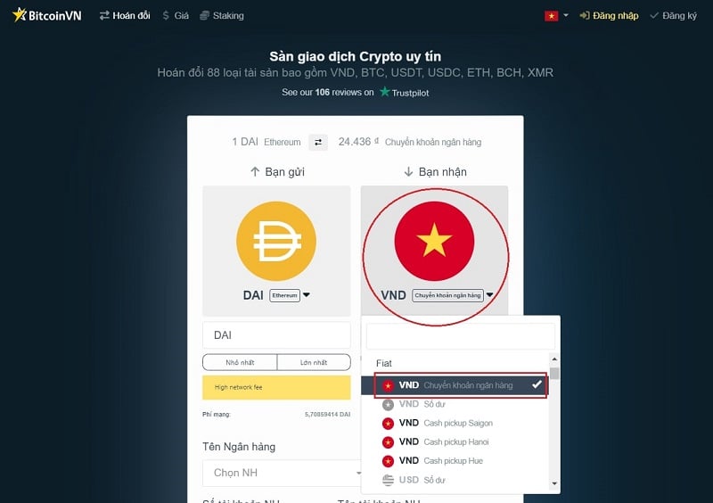 Tại mục "bạn nhận" tìm chọn VND