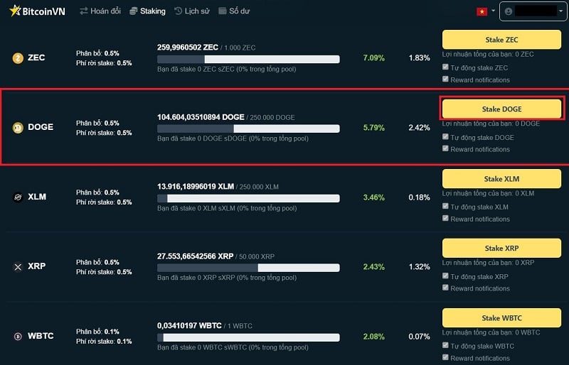 Chọn “Stake DOGE”