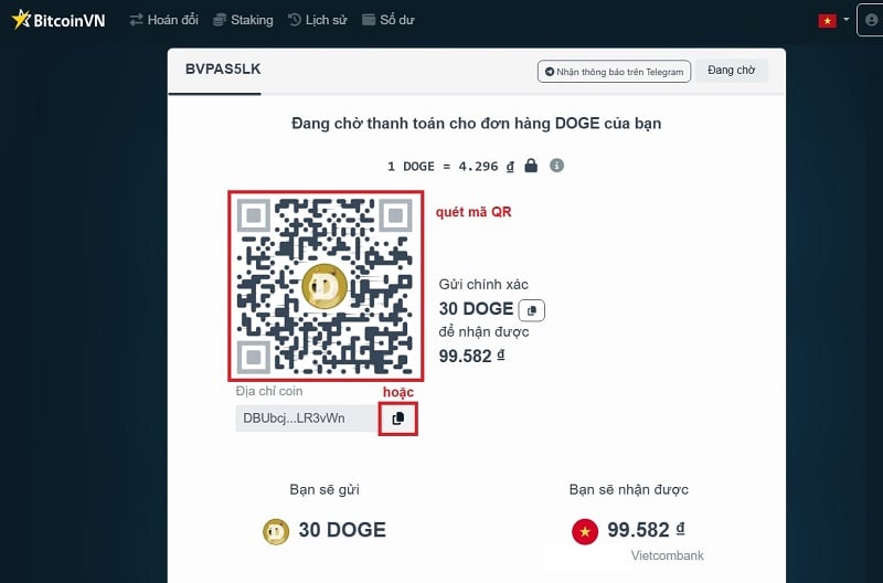 Chuyển chính xác số tiền được yêu cầu để đổi VND