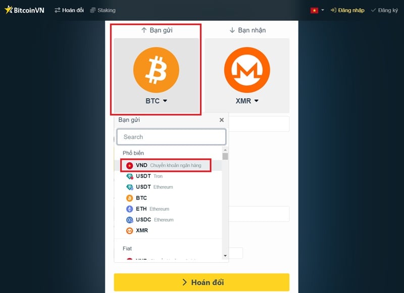 Nhấp vào Logo BTC và tìm chọn VND