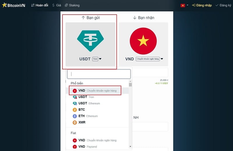 Chọn VNĐ theo hướng dẫn