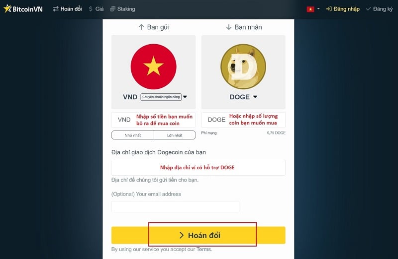 Chọn “hoán đổi” để tiến hành giao dịch