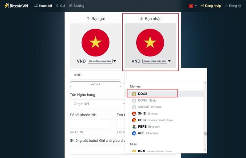 Chọn DOGE trong mục “bạn nhận”