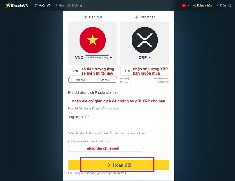 Nhập thông tin và chọn “hoán đổi” để tiến hành giao dịch