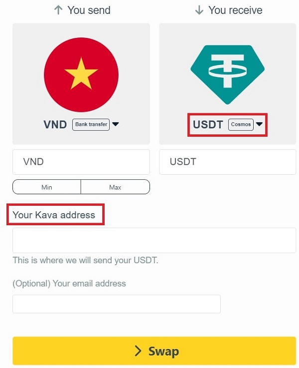 Trading USDT on Cosmos requires a Kava address