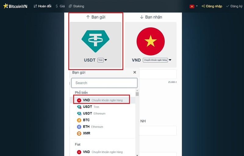 Bấm vào logo USDT và chọn VNĐ