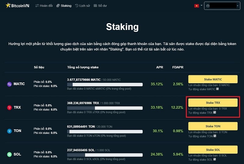 Chọn “Stake TRX”