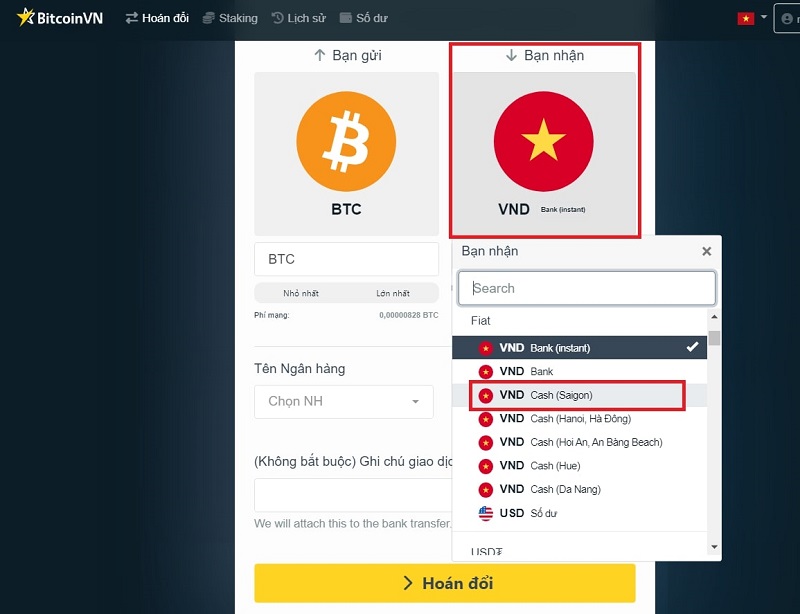 Chọn VND Cash và địa điểm gần với bạn nhất