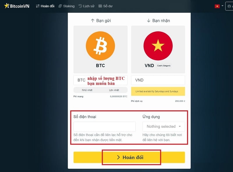 Nhập thông tin và chọn “hoán đổi”