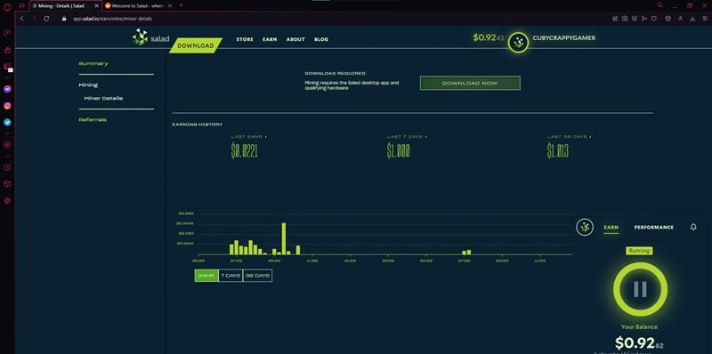 Giao diện phần mềm đào bitcoin Salad Mining