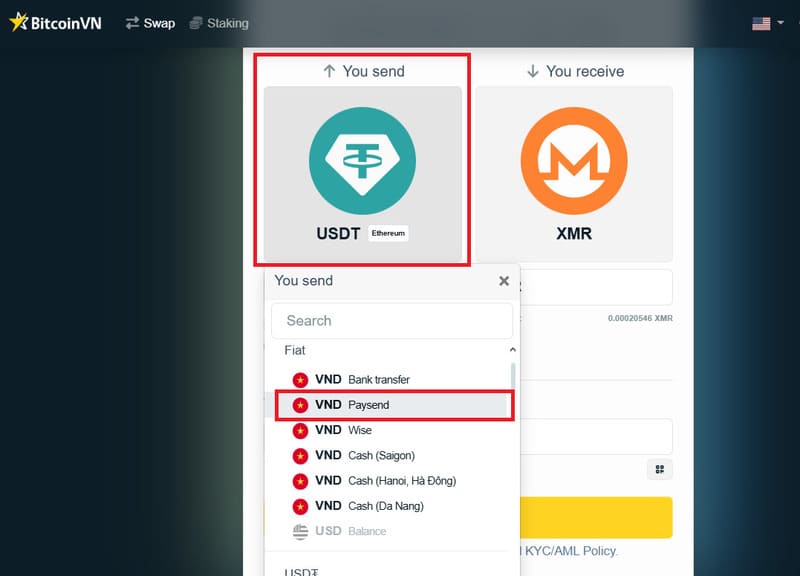 Выберите VND (Paysend)