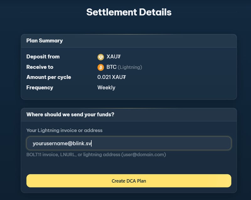 BitcoinVN’s DCA feature supports direct payouts to your own Lightning wallet, including Lightning address format used by common wallets such as Blink