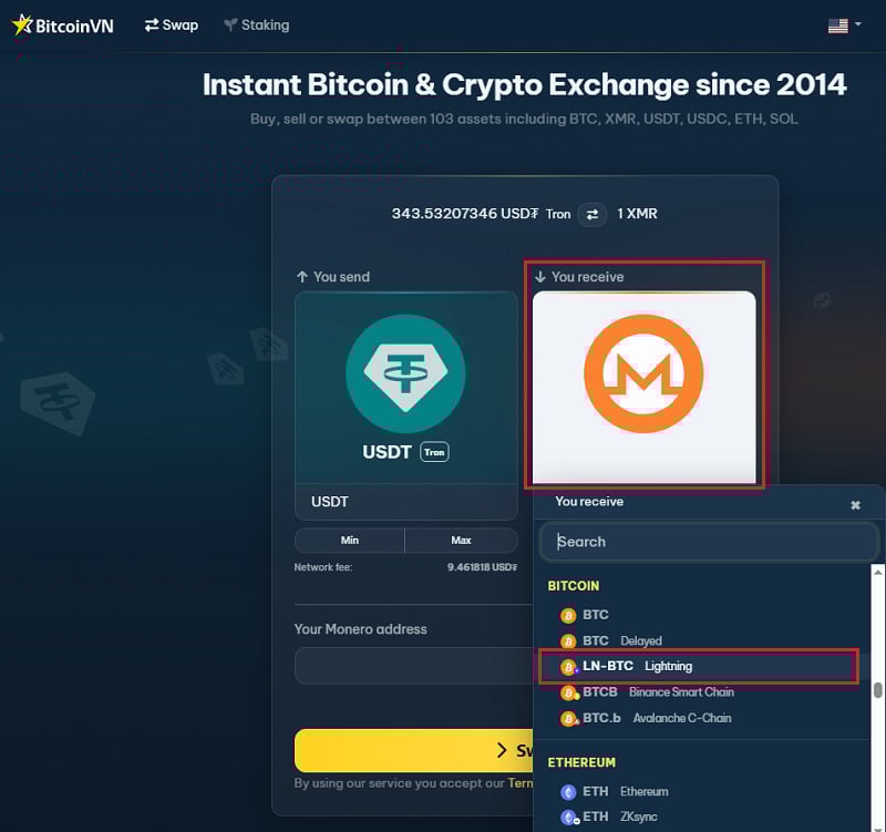Step 3: In the “You receive” section, choose BTC (Lightning).