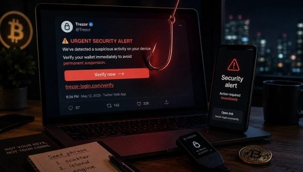 Fake Trezor security alert phishing message shown on a laptop and phone