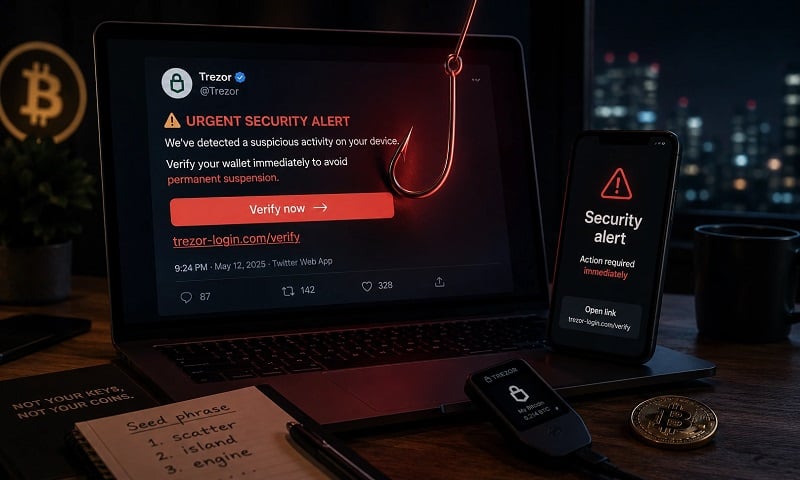 Fake Trezor security alert phishing message shown on a laptop and phone