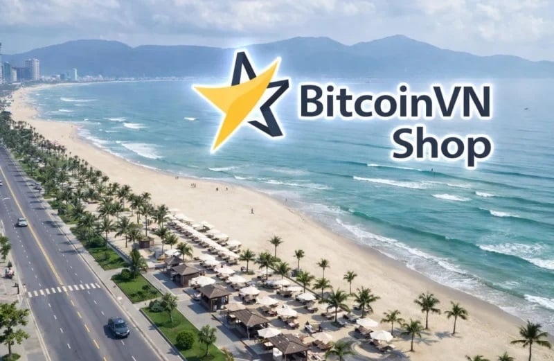 BitcoinVN Shop logo over the Da Nang coastline