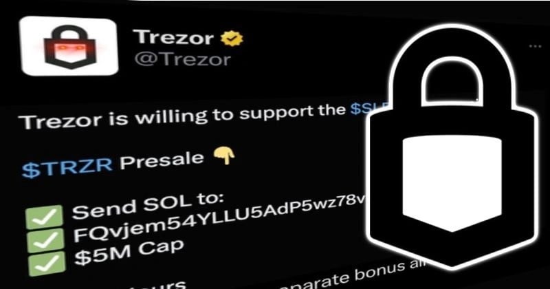 Fraudulent Trezor social media post with a security lock icon