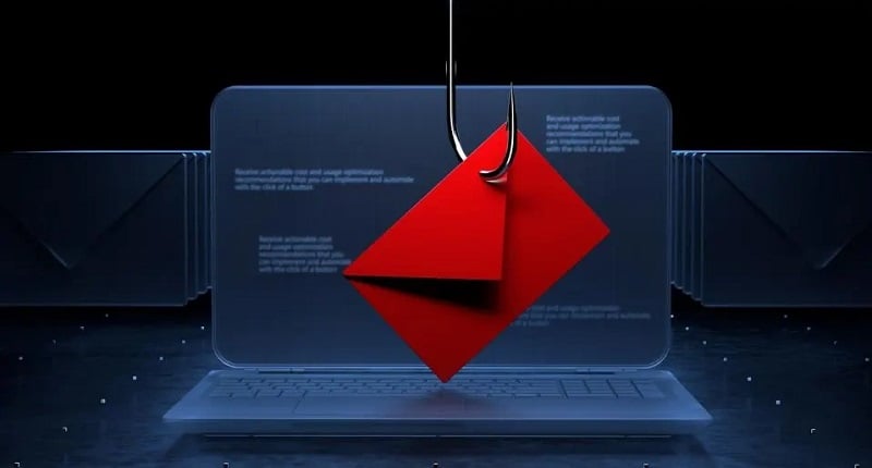 Phishing hook targeting an email inbox on a laptop