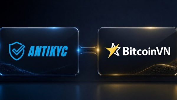 AntiKYC and BitcoinVN logos shown side by side on a dark premium integration announcement background.