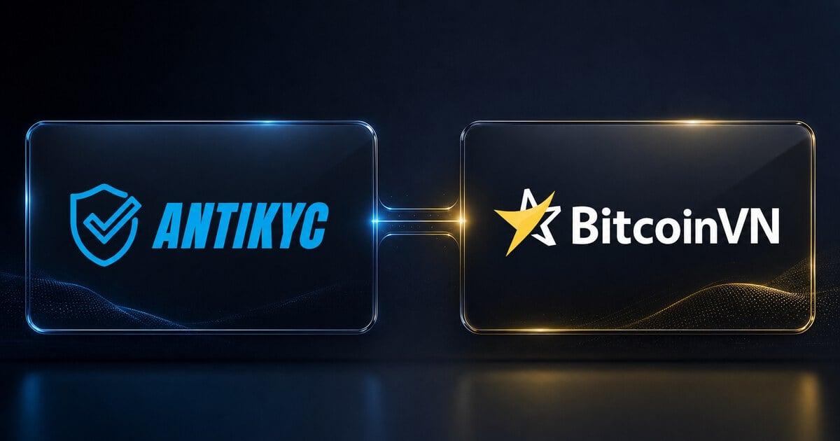 AntiKYC and BitcoinVN logos shown side by side on a dark premium integration announcement background.
