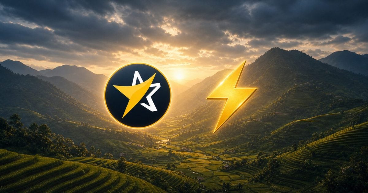 BitcoinVN star emblem and Lightning symbol balanced over a terraced mountain landscape