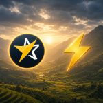 BitcoinVN star emblem and Lightning symbol balanced over a terraced mountain landscape