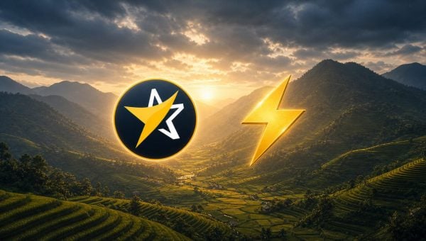 BitcoinVN star emblem and Lightning symbol balanced over a terraced mountain landscape