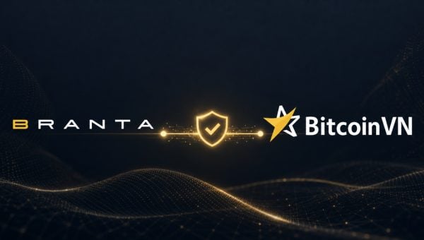 Branta and BitcoinVN logos connected by a secure payment verification shield